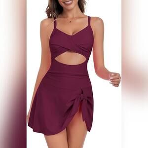 NWT Zaful One Piece Tummy Control Modest Cutout Tie Know Skirt Swimsuit, 2XL